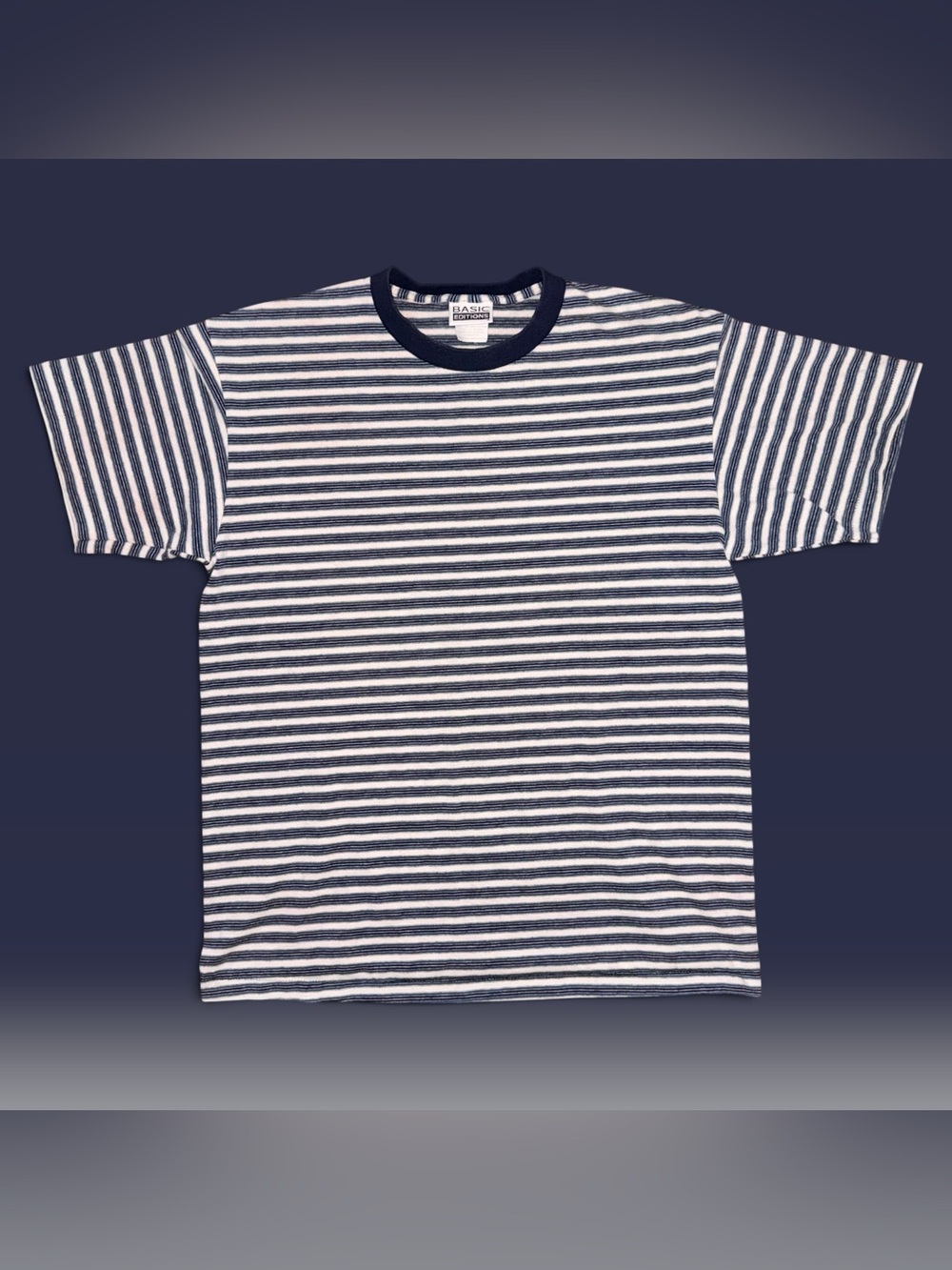 Vintage Basic Editions Men’s Medium Blue Striped Crewneck T-Shirt Made in USA